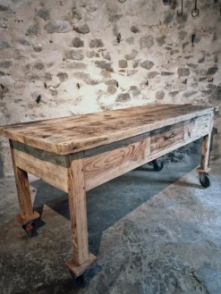 Pamono Vintage French Pine Work Table with Drawer and Castors, 1930s><noscript><img width=