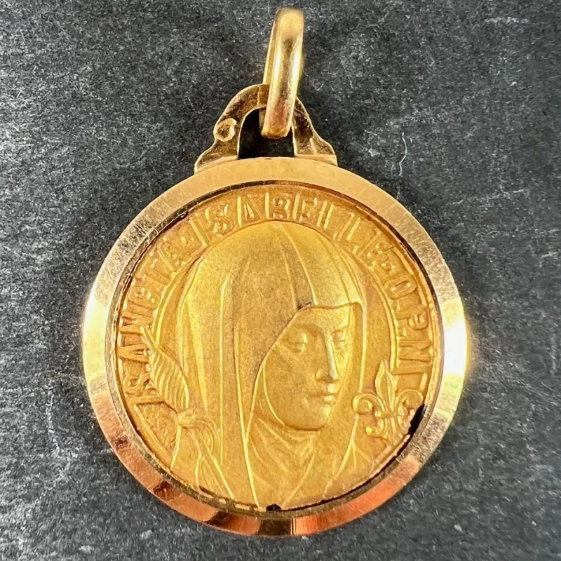 Online Pamono Vintage French Saint Isabelle of France Medal Charm Pendant in 18 Karat Yellow Gold, 1930s