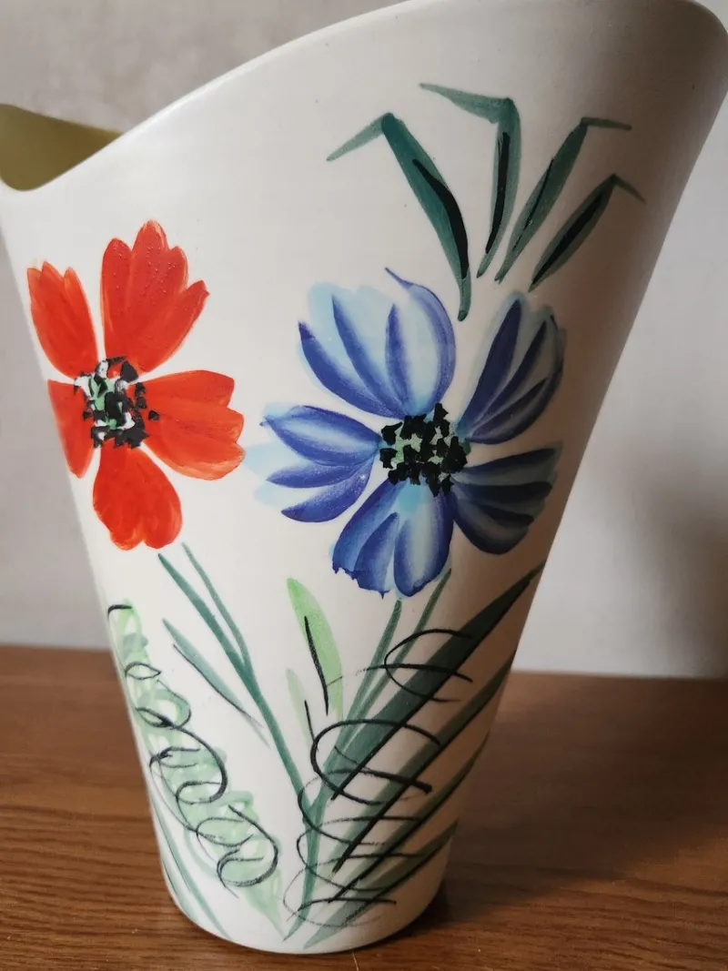 Pamono Vintage French Wide Neck Vase with Hand-Painted Flowers and Yellow Interior from Vallauris, 1960s> Vases