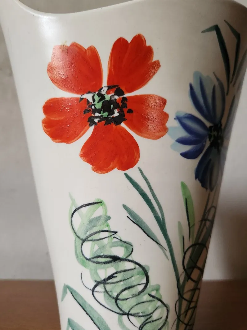 Pamono Vintage French Wide Neck Vase with Hand-Painted Flowers and Yellow Interior from Vallauris, 1960s> Vases