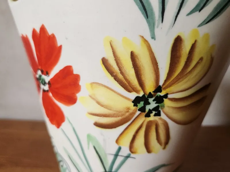 Pamono Vintage French Wide Neck Vase with Hand-Painted Flowers and Yellow Interior from Vallauris, 1960s> Vases