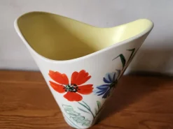 Pamono Vintage French Wide Neck Vase with Hand-Painted Flowers and Yellow Interior from Vallauris, 1960s><noscript><img width=