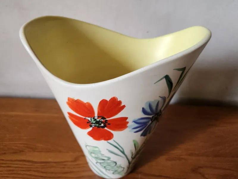 Pamono Vintage French Wide Neck Vase with Hand-Painted Flowers and Yellow Interior from Vallauris, 1960s> Vases