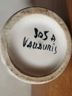 Pamono Vintage French Wide Neck Vase with Hand-Painted Flowers and Yellow Interior from Vallauris, 1960s><noscript><img width=