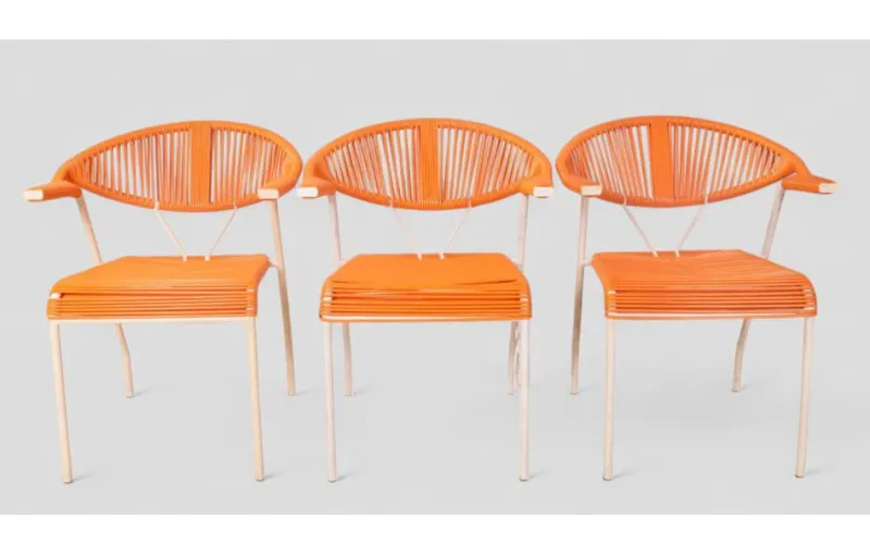 Pamono Vintage Garden Chairs in Woven Orange Plastic, 1980s, Set of 3> Garden Seating