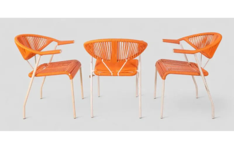 Pamono Vintage Garden Chairs in Woven Orange Plastic, 1980s, Set of 3> Garden Seating