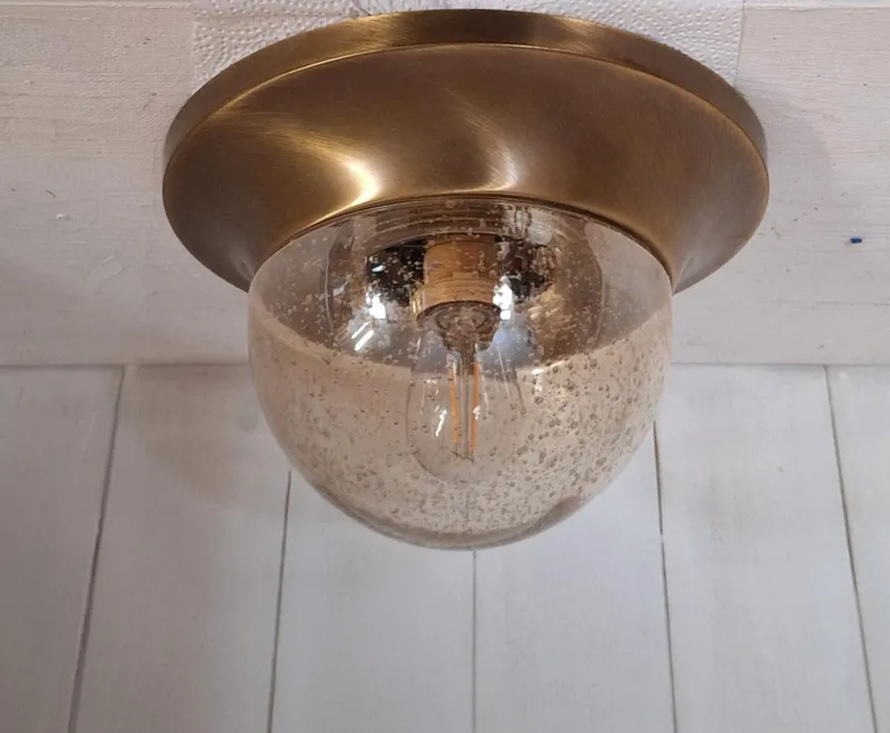 New Pamono Vintage German Ceiling Lamp with Slightly Tinted Ice Glass Shade on Brass Mount, 1990s