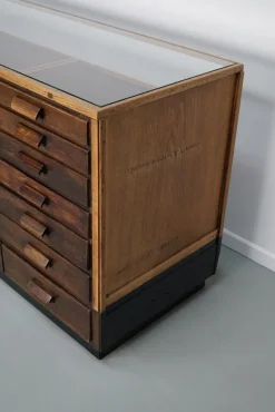 Pamono Vintage German Oak Glass Shop Counter Haberdashery Cabinet, 1950><noscript><img width=