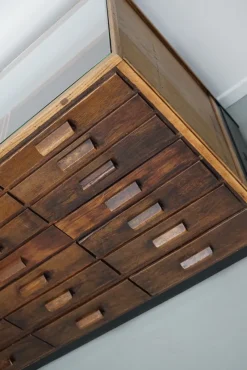 Pamono Vintage German Oak Glass Shop Counter Haberdashery Cabinet, 1950><noscript><img width=