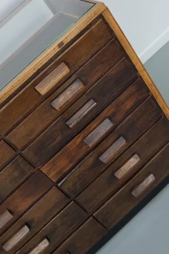 Pamono Vintage German Oak Glass Shop Counter Haberdashery Cabinet, 1950><noscript><img width=
