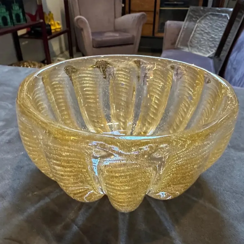 Pamono Vintage Gold and Clear Murano Glass Round Bowl in the style of Barovier, 1970s> Bowls