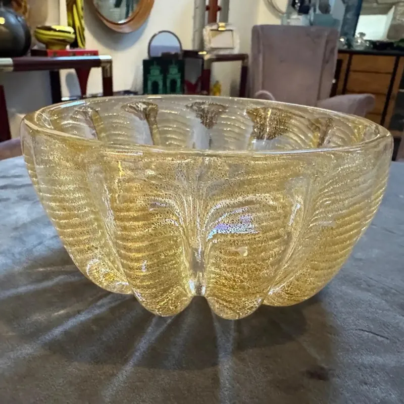 Pamono Vintage Gold and Clear Murano Glass Round Bowl in the style of Barovier, 1970s> Bowls