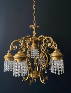 Pamono Vintage Gold Chandelier with Putti and Pendants, 1960s> Ceiling Lights