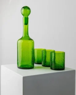 Pamono Vintage Green Crackle Murano Glass Decanter and Glasses, Italy, 1960s, Set of 4> Glassware