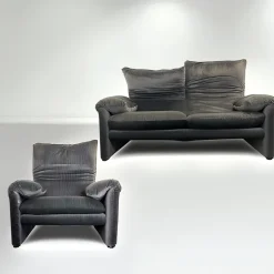 Outlet Pamono Vintage Grey Velvet Maralunga Sofa with Armchair by Vico Magistretti for Cassina, 1970s, Set of 2