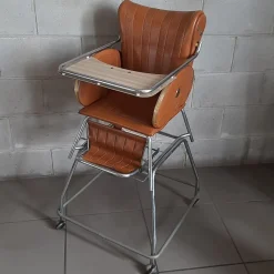 Online Pamono Vintage High Chair with Wheels in Chrome Metal and Faux Leather in Brown, 1960