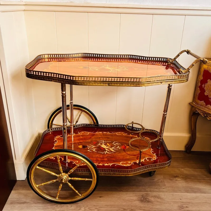 New Pamono Vintage Hollywood Regency Bar Cart with Italian Marquetry Inlay