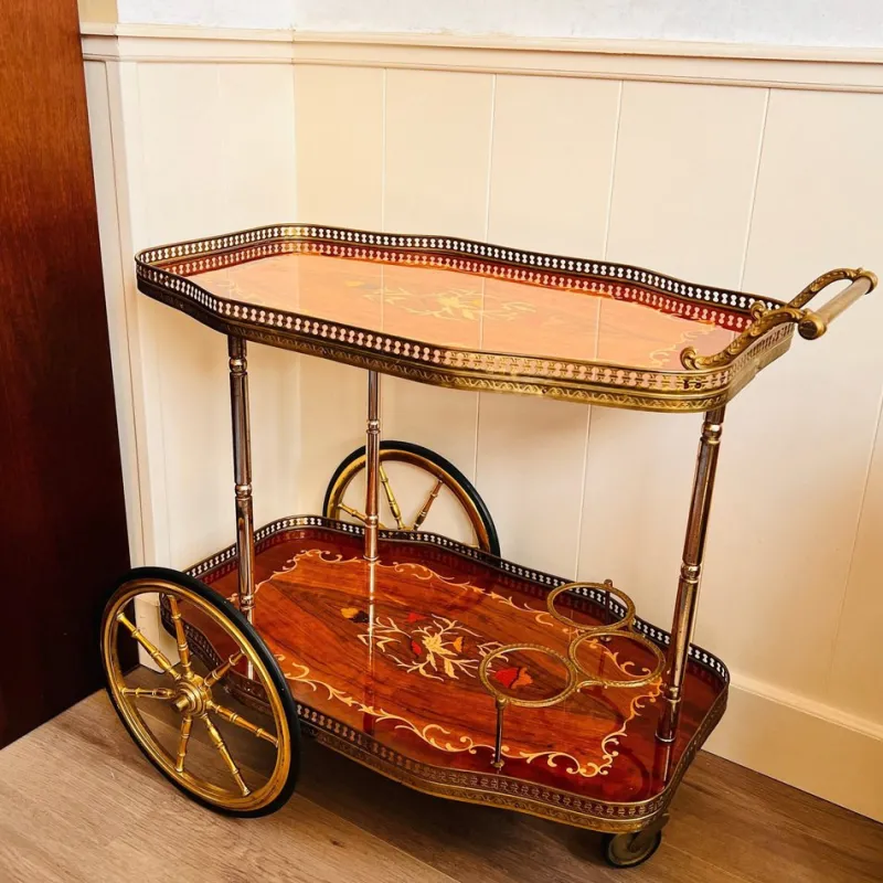 New Pamono Vintage Hollywood Regency Bar Cart with Italian Marquetry Inlay