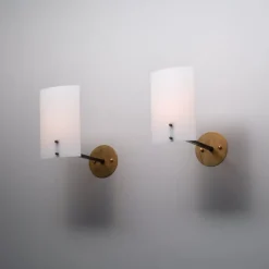 Pamono Vintage Italian Brass Sconces with Curved White Diffusers, 1950s, Set of 2><noscript><img width=