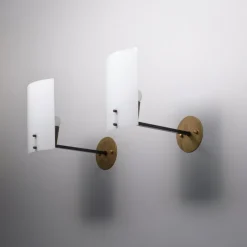 Pamono Vintage Italian Brass Sconces with Curved White Diffusers, 1950s, Set of 2><noscript><img width=