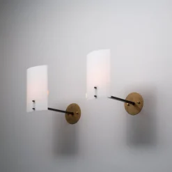 Pamono Vintage Italian Brass Sconces with Curved White Diffusers, 1950s, Set of 2><noscript><img width=