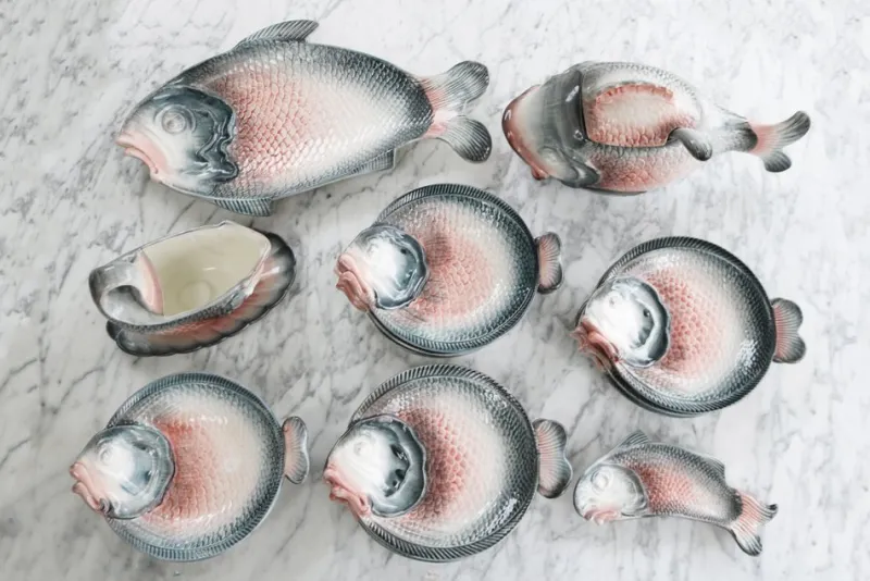Pamono Vintage Italian Keramik Fish Service by R. Blanche, 1960s, Set of 16> Serving Dishes
