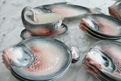 Pamono Vintage Italian Keramik Fish Service by R. Blanche, 1960s, Set of 16><noscript><img width=