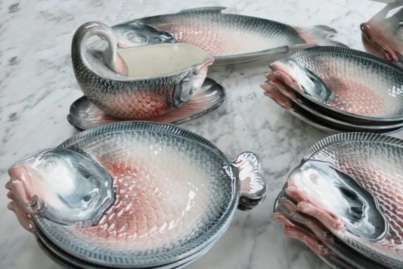 Pamono Vintage Italian Keramik Fish Service by R. Blanche, 1960s, Set of 16> Serving Dishes