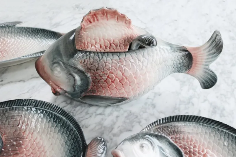 Pamono Vintage Italian Keramik Fish Service by R. Blanche, 1960s, Set of 16> Serving Dishes