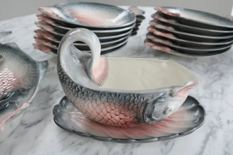Pamono Vintage Italian Keramik Fish Service by R. Blanche, 1960s, Set of 16> Serving Dishes
