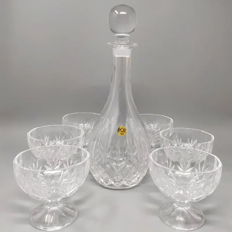 Pamono Vintage Italian Mid-Century Crystal Decanter with 6 Crystal Glasses, 1960s, Set of 7