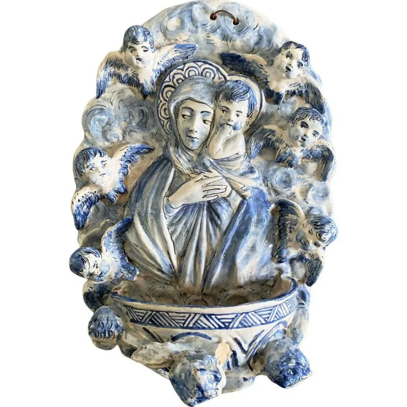 Pamono Vintage Italian White and Blue Pottery Holy Water Font with Little Angels, 1950s> Garden Accessories