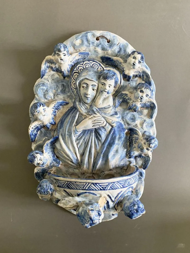 Pamono Vintage Italian White and Blue Pottery Holy Water Font with Little Angels, 1950s> Garden Accessories