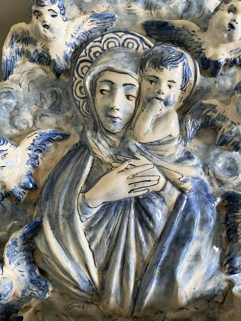 Pamono Vintage Italian White and Blue Pottery Holy Water Font with Little Angels, 1950s> Garden Accessories