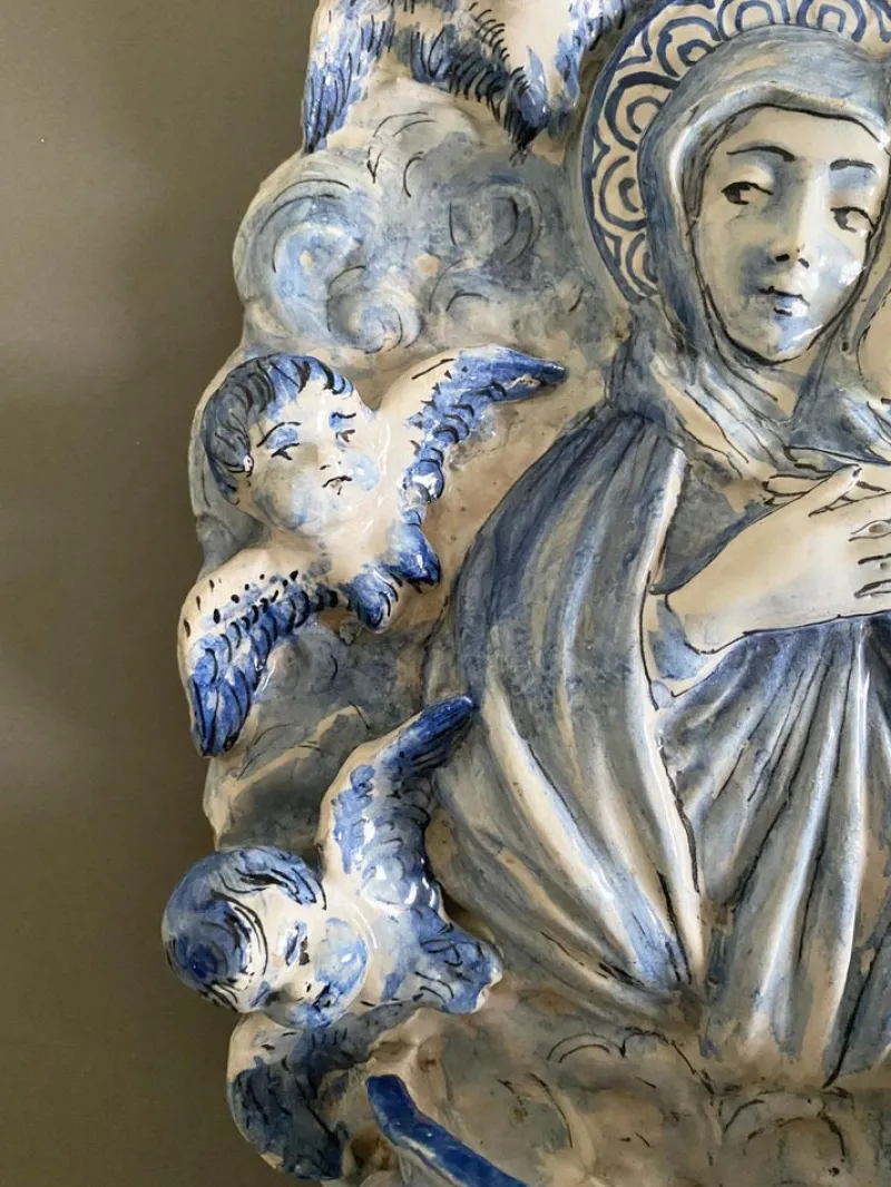 Pamono Vintage Italian White and Blue Pottery Holy Water Font with Little Angels, 1950s> Garden Accessories