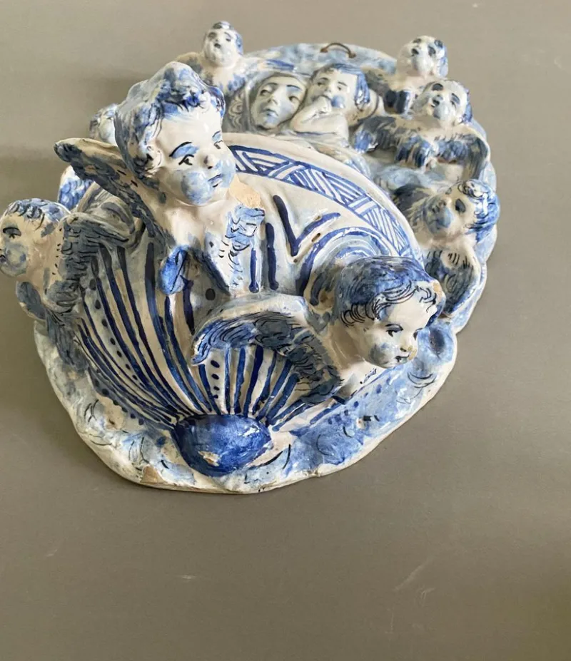 Pamono Vintage Italian White and Blue Pottery Holy Water Font with Little Angels, 1950s> Garden Accessories