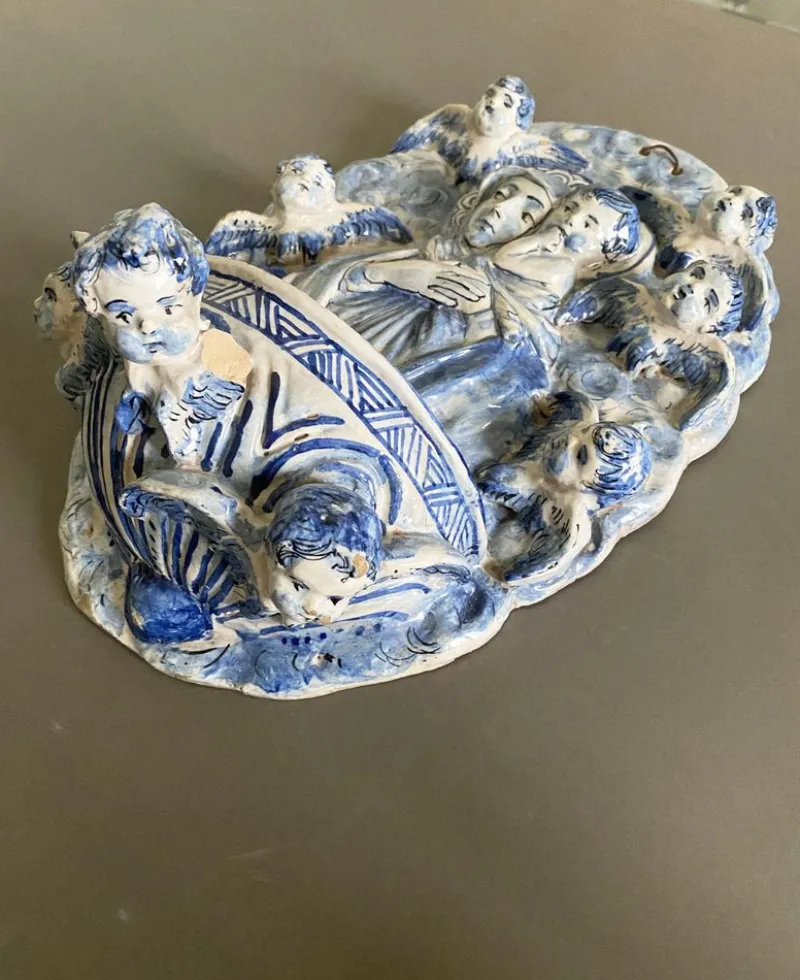 Pamono Vintage Italian White and Blue Pottery Holy Water Font with Little Angels, 1950s> Garden Accessories