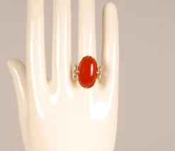 Discount Pamono Vintage 14K Yellow Gold Statement Ring with Carnelian Agate Stone Cabochon Cut and White Gold Accent
