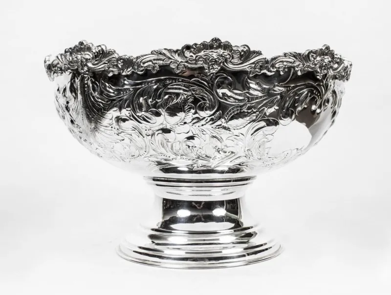 Pamono Vintage Large Silver Plated Punch Bowl Cooler with Floral Decoration