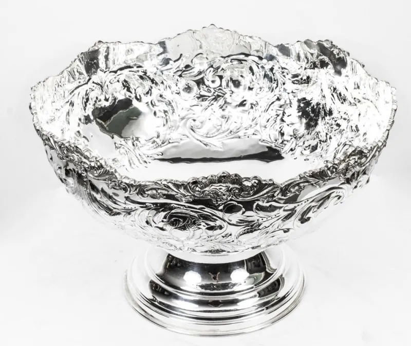 Pamono Vintage Large Silver Plated Punch Bowl Cooler with Floral Decoration