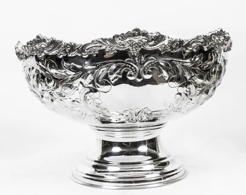 Pamono Vintage Large Silver Plated Punch Bowl Cooler with Floral Decoration