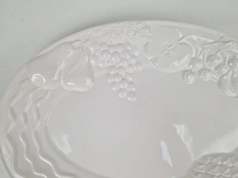 Pamono Vintage Large White Majolica Serving Bowl with Relief Fruits by A. Santos, Portugal, 1970s