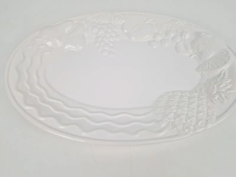 Pamono Vintage Large White Majolica Serving Bowl with Relief Fruits by A. Santos, Portugal, 1970s