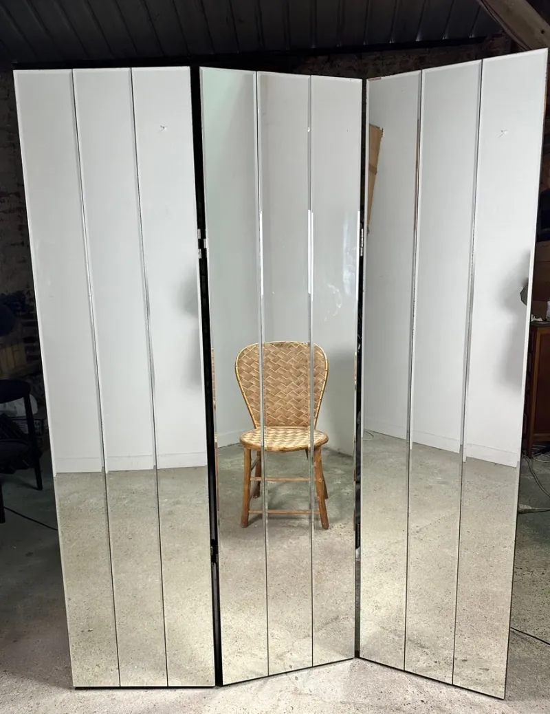 Pamono Vintage 3-Leaf Screen in Beveled Mirrors, 1980s> Room Dividers & Screens
