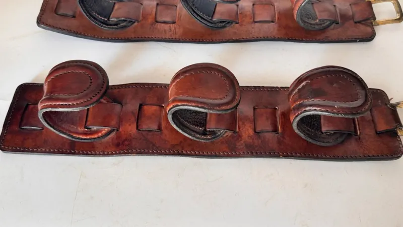 Online Pamono Vintage Leather and Brass Rifle Racks, France, 1970s, Set of 2