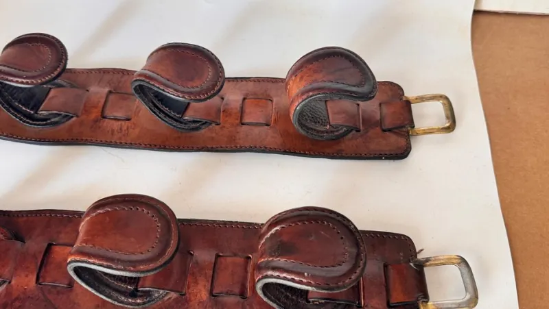 Online Pamono Vintage Leather and Brass Rifle Racks, France, 1970s, Set of 2