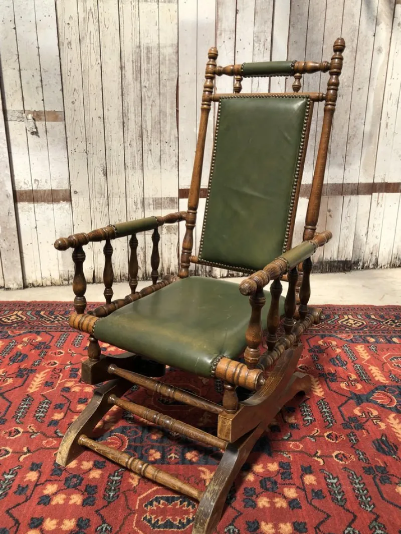 Pamono Vintage Leather Rocking Chair in Dark Green> Rocking Chairs