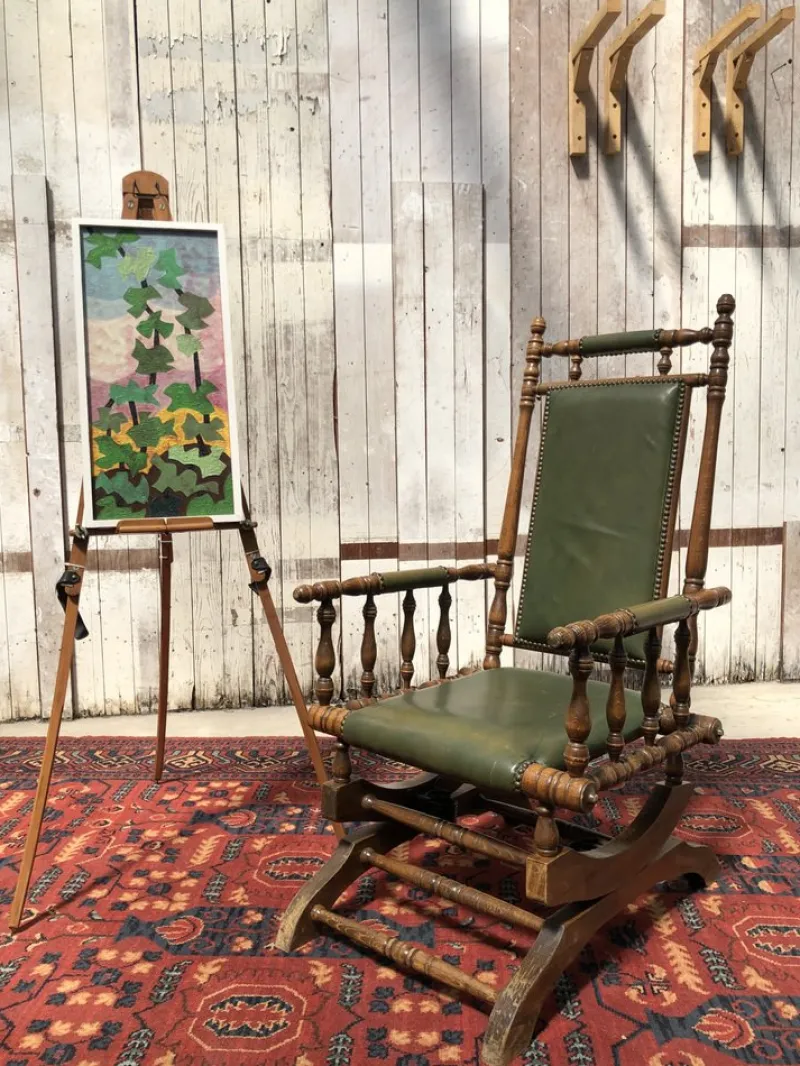 Pamono Vintage Leather Rocking Chair in Dark Green> Rocking Chairs
