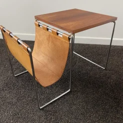 Pamono Vintage Leather, Rosewood & Chromed Steel Side Table / Newspaper Rack, 1970s><noscript><img width=