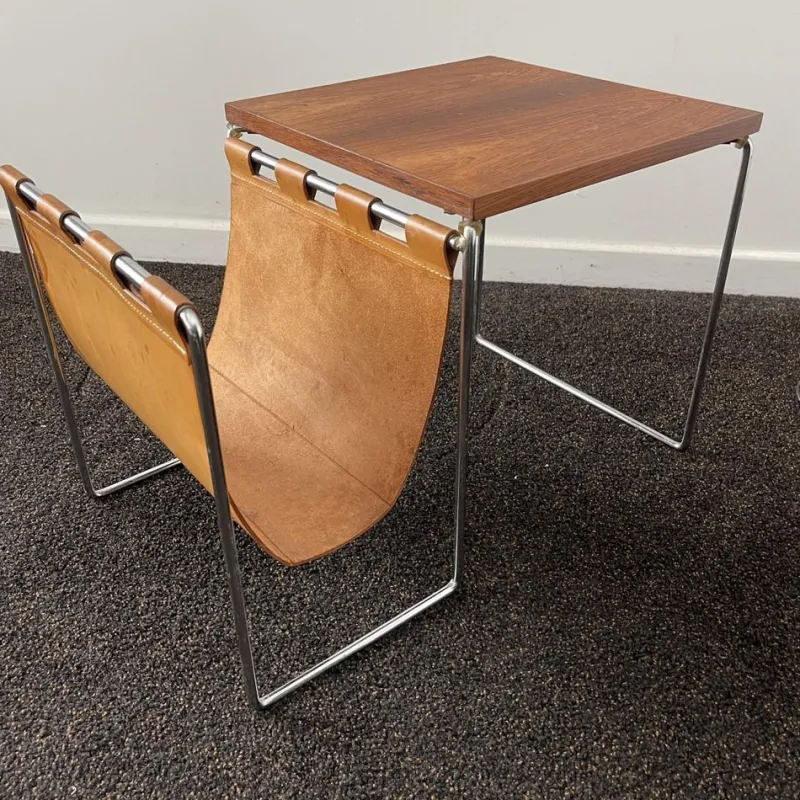 Pamono Vintage Leather, Rosewood & Chromed Steel Side Table / Newspaper Rack, 1970s> Magazine Racks